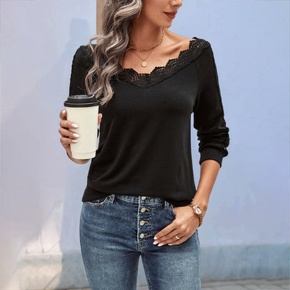 LOVEVOP foreign trade long-sleeved top Hot autumn new 2025 cross-border women's v-neck lace splicing bottoming shirt