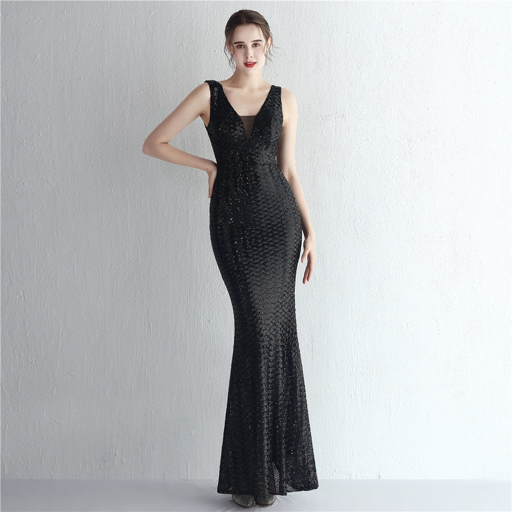 19153 #New Symphony Beads Shoulder Deep V Celebrity Banquet Temperament Long Sequin Aura Queen Fishtail Dress