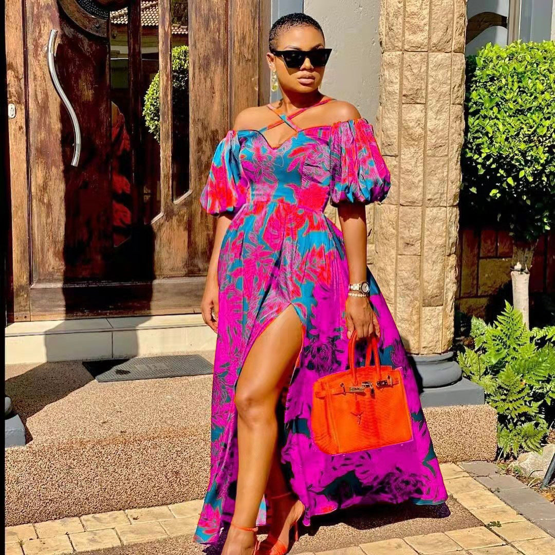 2025 New new spring and summer  2025 women's clothing dress printed open-ended tube top hanging neck V-neck long dress