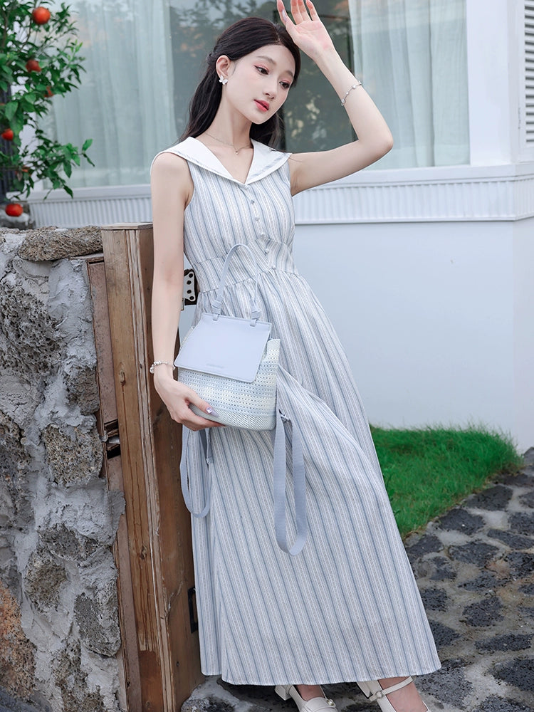 naval collar college style striped dress, unique and beautiful temperament long dress, beautiful and beautiful small skirt