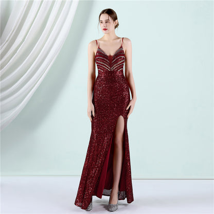 18905 #Positioning Flower Beads Celebrities Party Party Dress Sexy Long Skinny Toast Bride