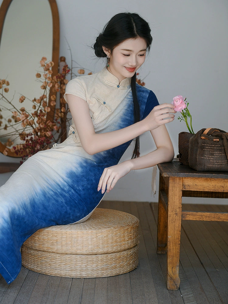 Republic of China style women's clothing new Chinese style beautiful cheongsam women daily can wear elegant gradual change blue retro cotton and linen dress