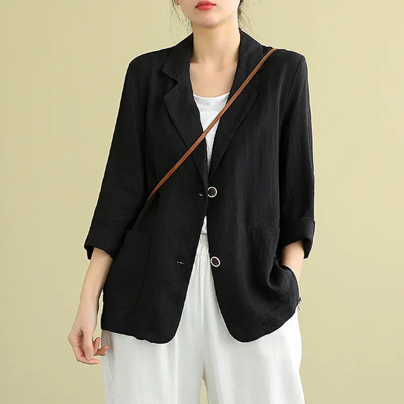 Cotton and linen jacket small suit  spring and autumn new loose literary and retro long-sleeved casual temperament outer suit women