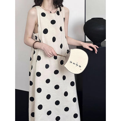 Light-colored sleeves cut, shoulders dug, polka dots cotton and linen vest, dress for women, simple and generous Korean atmosphere, old money style skirt