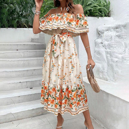 Popular trade spring and summer  independent station wish new one-word shoulder printing long pendulum dress