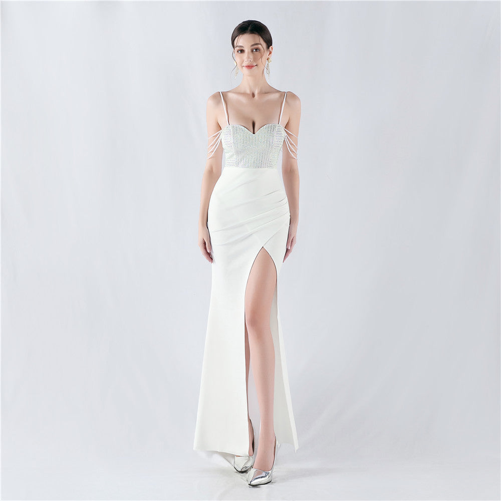 33022 #Popular trade new hot diamond beads high fork satin sexy suspender evening dress