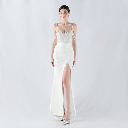 33022 #Popular trade new hot diamond beads high fork satin sexy suspender evening dress