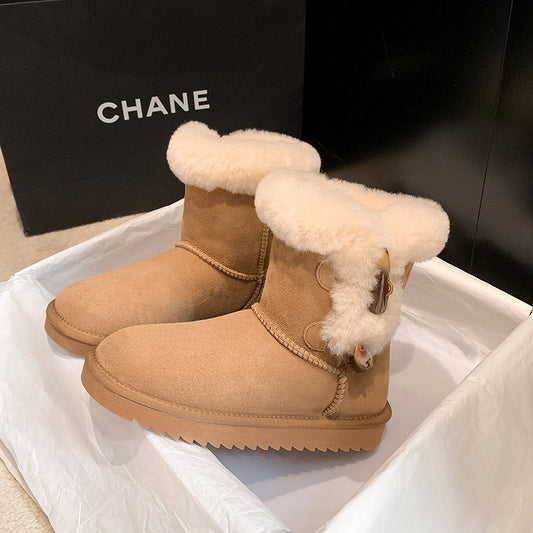 2025  popular new horn buckle medium tube snow boots women's fur integrated non-slip thickened warm northeast cotton boots short boots