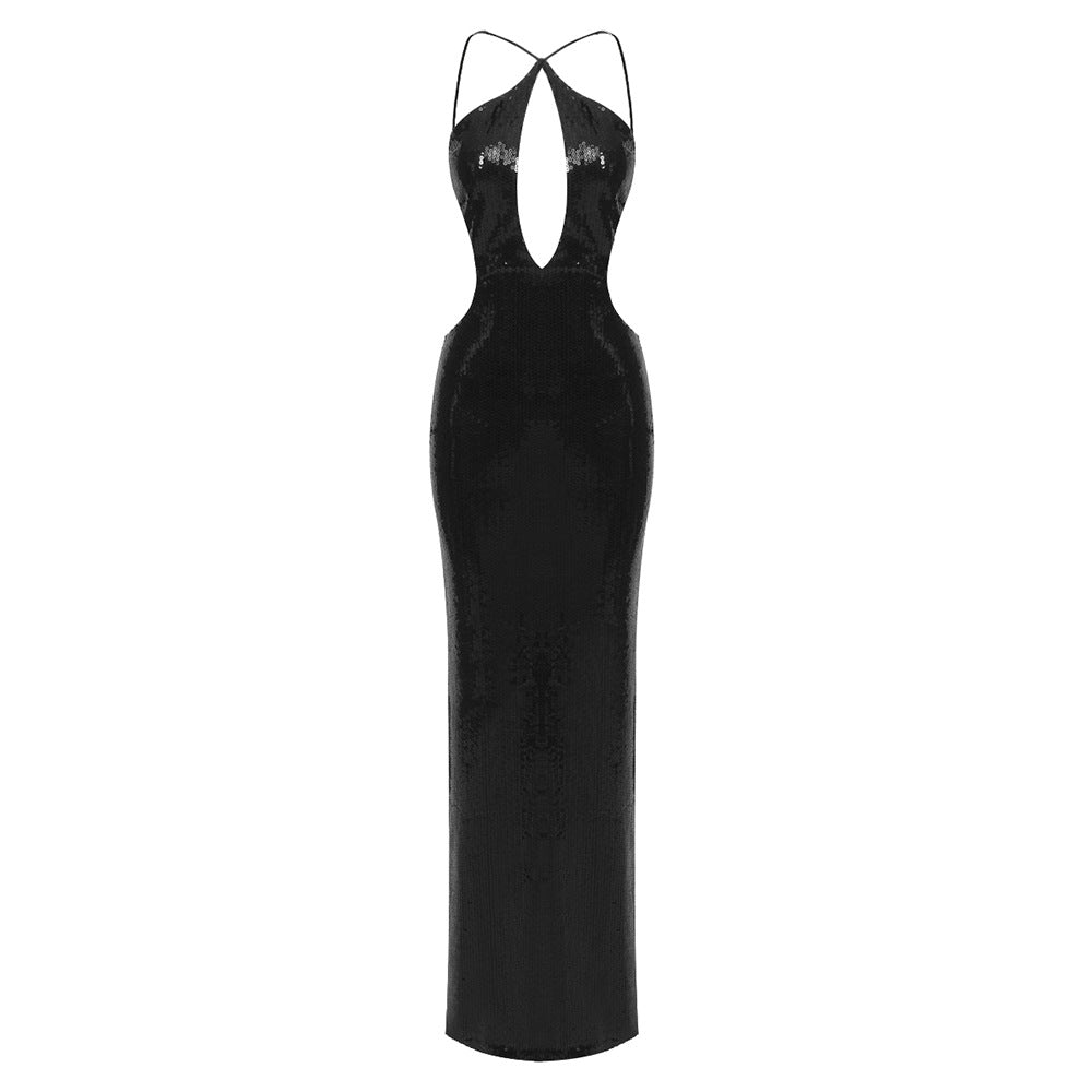LOVEVOP 2023 summer Popular trade high-end new nightclub hollow neck halter beads long  women's dress