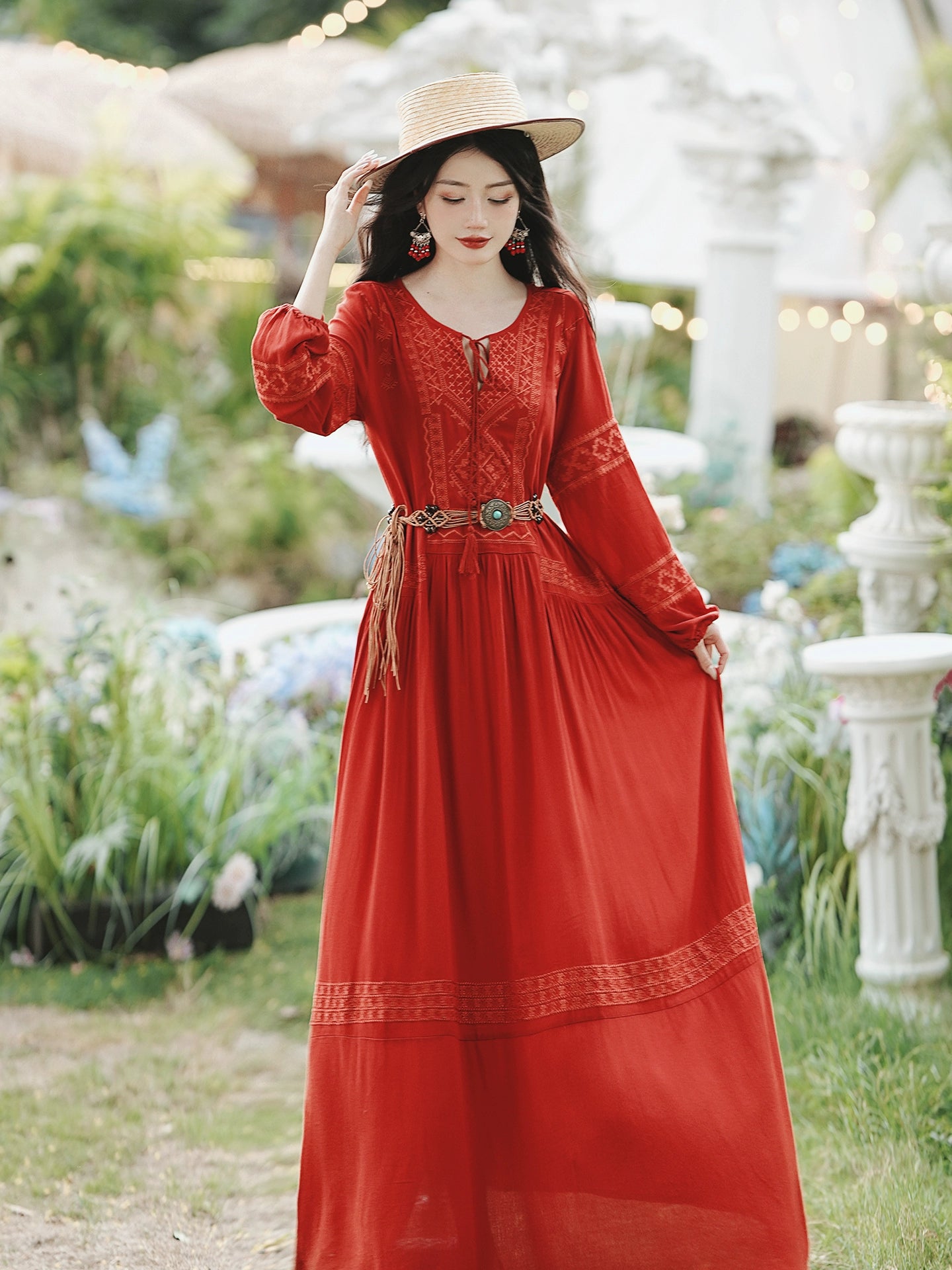 stunning retro embroidered dress women's bohemian vacation dress desert red dress red grassland dress