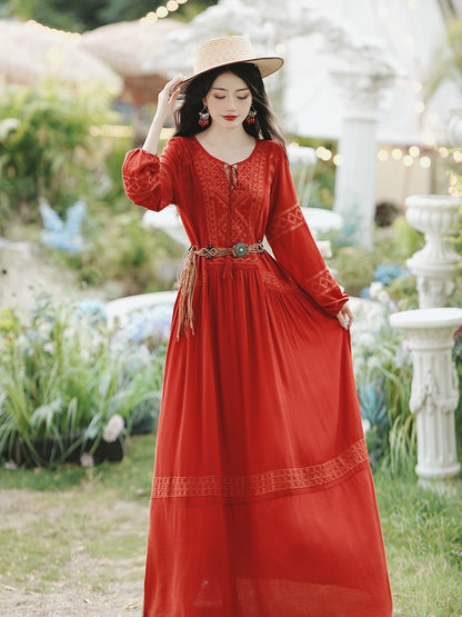 stunning retro embroidered dress women's bohemian vacation dress desert red dress red grassland dress