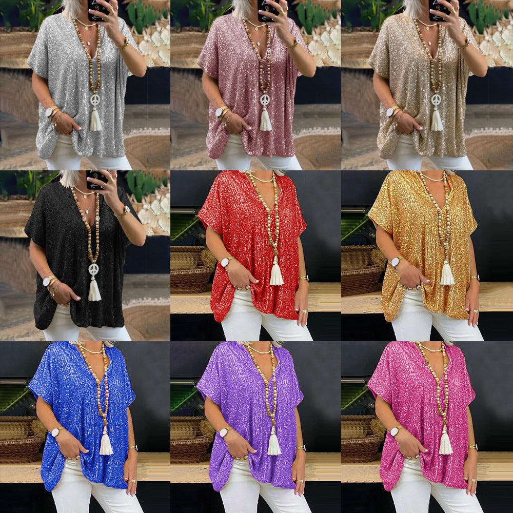 2025 new 2025  short-sleeved urban casual color loose pullover sequined V-neck T-shirt top women's clothing
