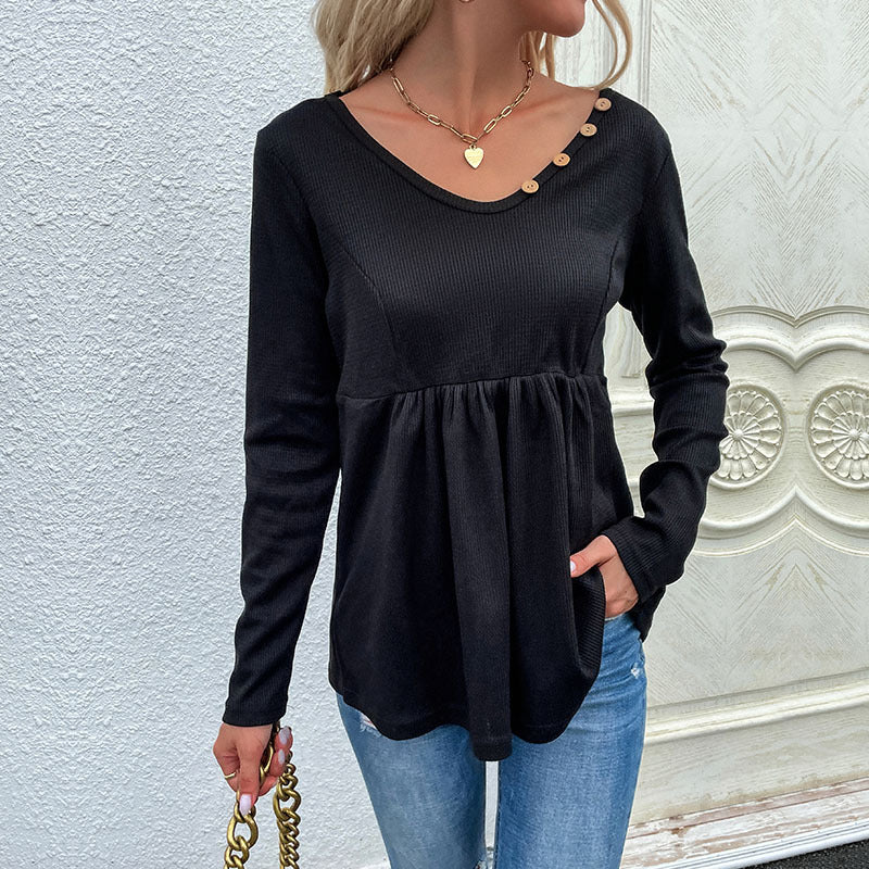 LOVEVOP Popular trade New new products autumn Middle East women's black v-neck button-pulled pleated bottomed knitted jumper