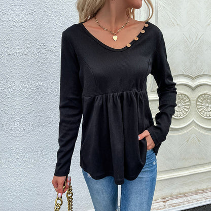 LOVEVOP Popular trade New new products autumn Middle East women's black v-neck button-pulled pleated bottomed knitted jumper