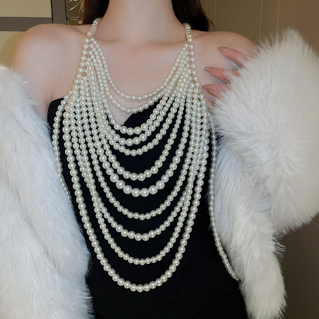 2025 XH4523  New jewelry pearl fashion multi-layer necklace chest chain sexy chest chain pearl body chain accessories