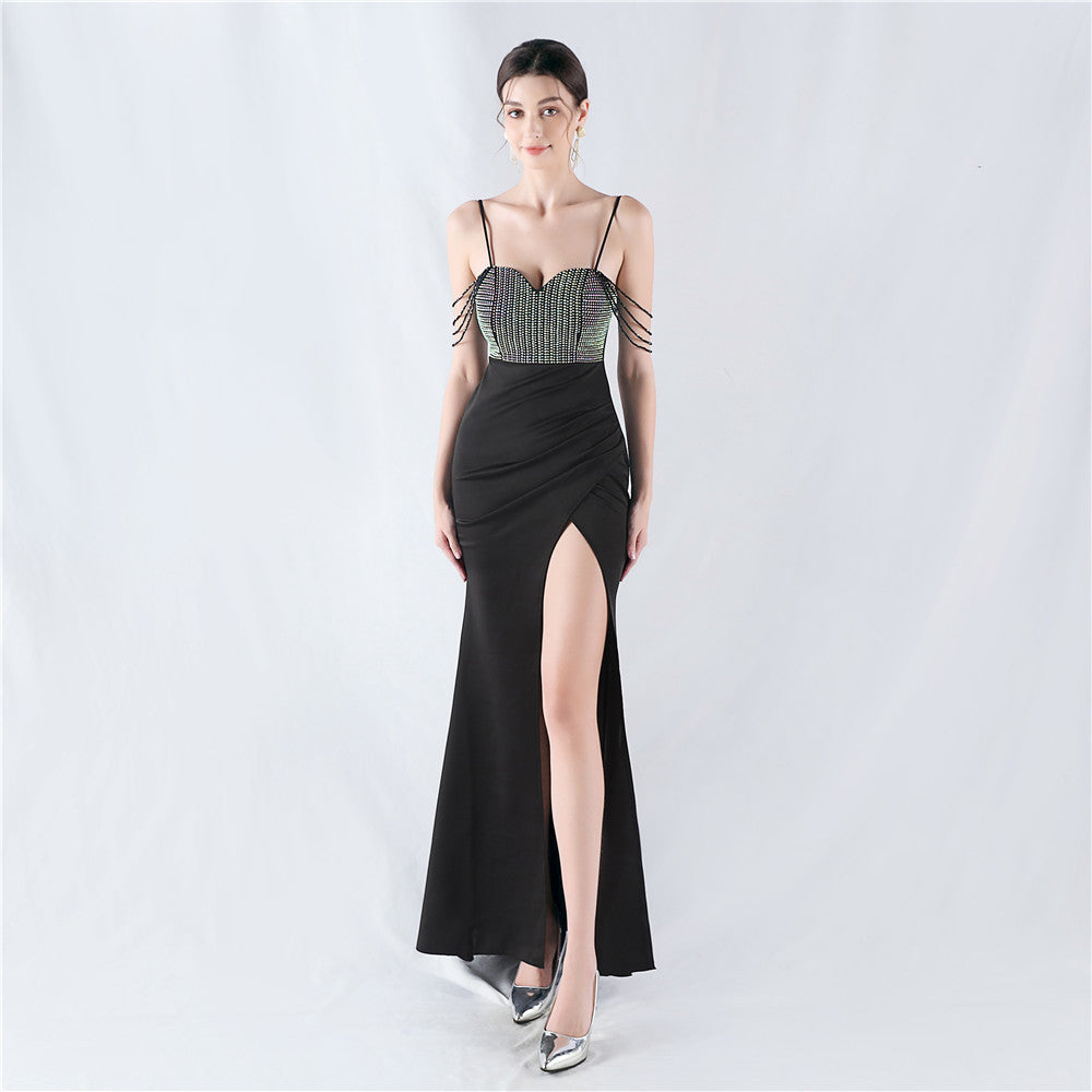 33022 #Popular trade new hot diamond beads high fork satin sexy suspender evening dress