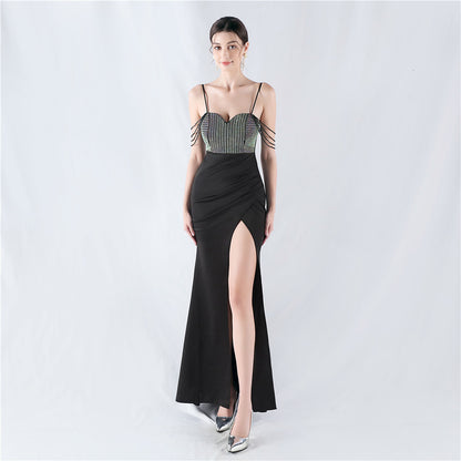 33022 #Popular trade new hot diamond beads high fork satin sexy suspender evening dress