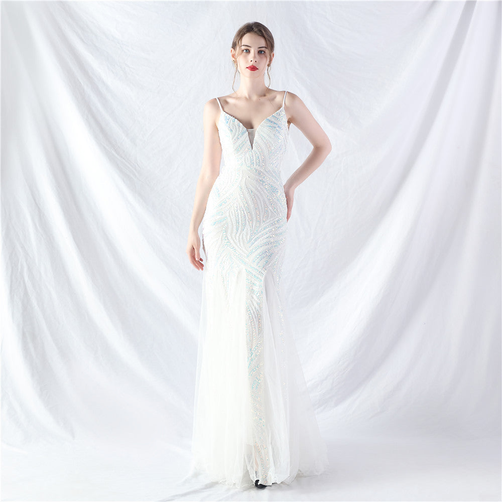 31903 #Hot trade new product laminated bead splicing mesh suspender evening dress