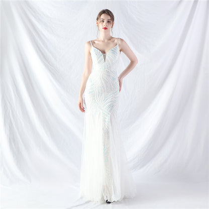 31903 #Hot trade new product laminated bead splicing mesh suspender evening dress