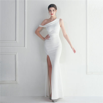 19637 #Hot trade explosion bridesmaid etiquette wedding formal settings single shoulder oblique collar slim long evening dress