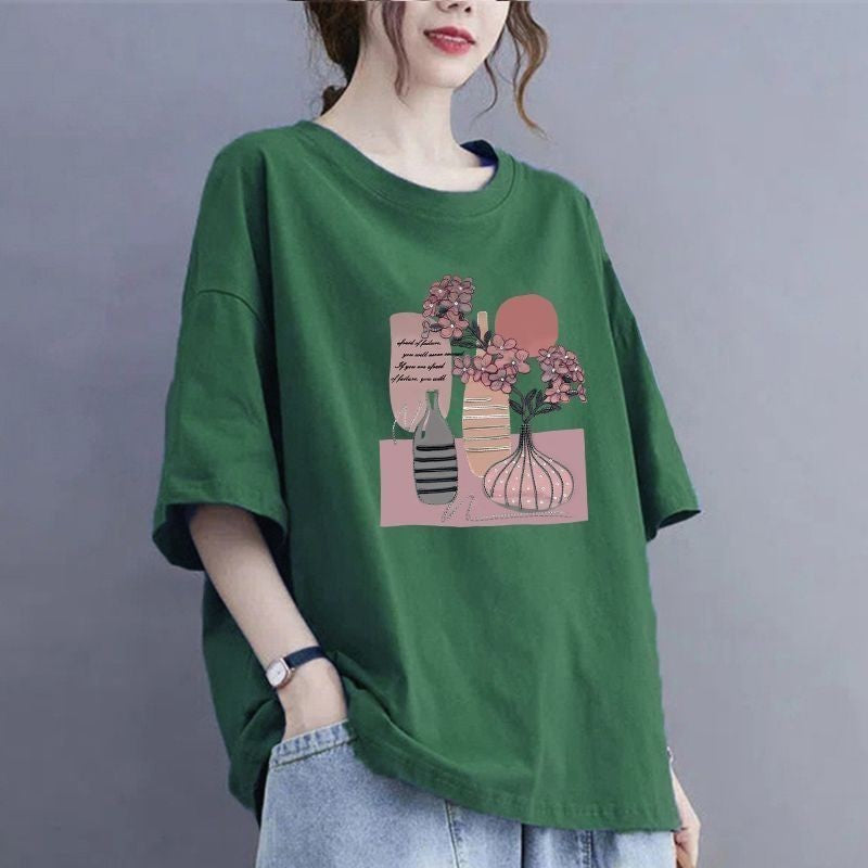 100Kg large size fat MM thin summer loose round neck T-shirt versatile short-sleeved top printed casual T-shirt women