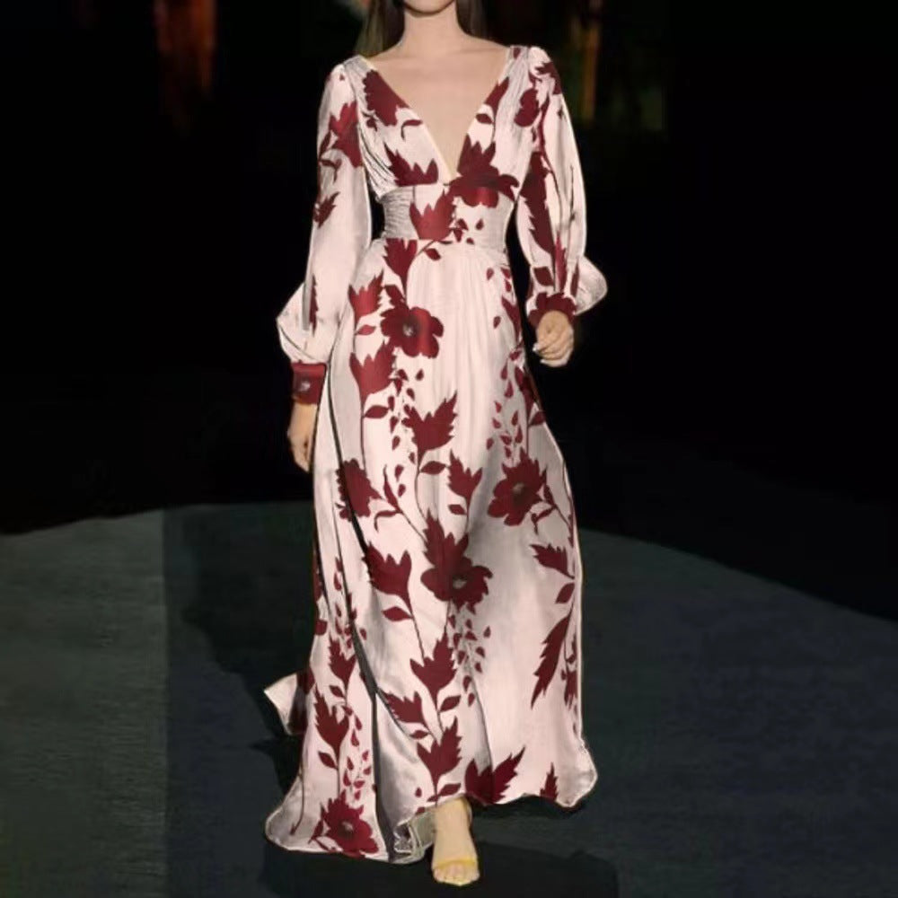 2025 new New  2025 women's dress slim lantern sleeve fashion printed V-neck dress