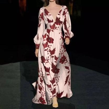 2025 new New  2025 women's dress slim lantern sleeve fashion printed V-neck dress