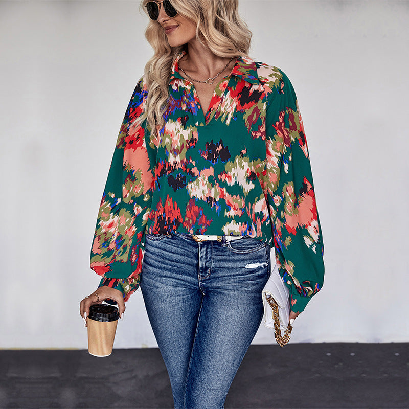 LOVEVOP Hot Trade Hot Autumn New Shirt Casual Flower Shirt Lapel Long Sleeve Top Button Printed Shirt