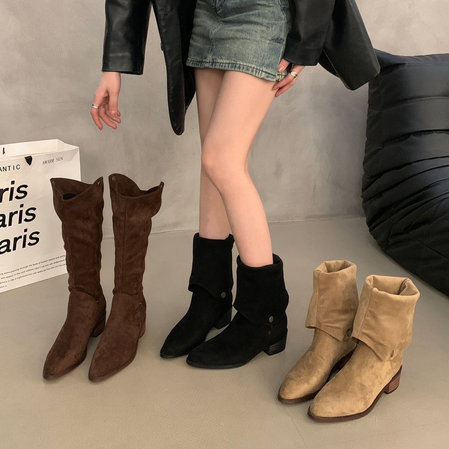 2025  Frosted suede two-wear stacking boots, new outdoor western cowboy boots V-mouth long knight boots in autumn and winter popular