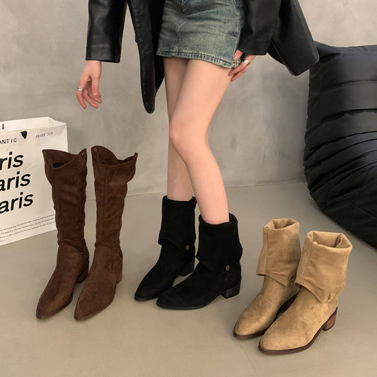 2025  Frosted suede two-wear stacking boots, new outdoor western cowboy boots V-mouth long knight boots in autumn and winter popular