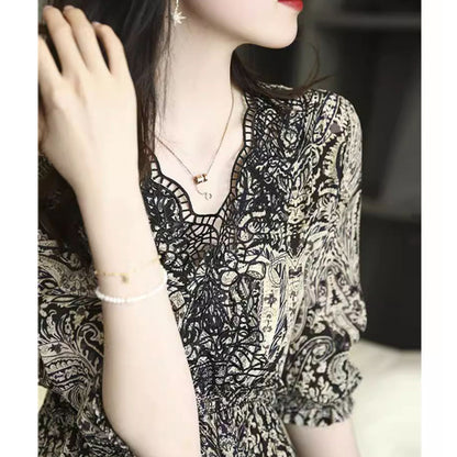 2025 High-end court print silk dress V-neck lace mulberry silk skirt black medium and long dress women's summer