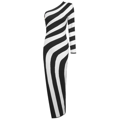 LOVEVOP Cross-border autumn and winter black and white striped sexy high split shoulder dress  fashion long bandage dress