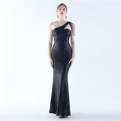 31357 #Hot Trade popular New Symphony Bead Craft Bead Shoulder Slant Neck High-end Slim Evening Dress