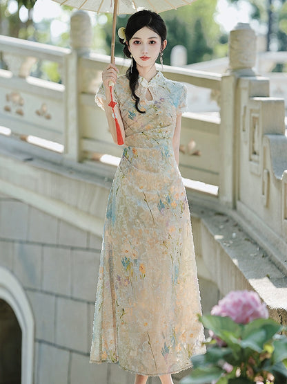 Republic of China style women's clothing new Chinese style beautiful cheongsam summer girl young retro burning flower temperament thin dress