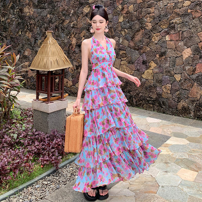 2025 floral neck dress women's summer lace-up skirt high-end halter temperament ruffle leaf edge cake long dress