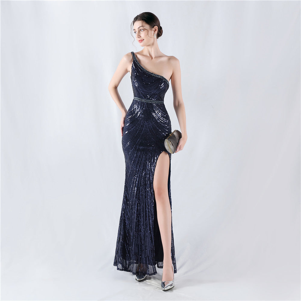 32076 #Popular trade new dress positioning flower bead piece heavy industry nail bead high fork shoulder evening dress
