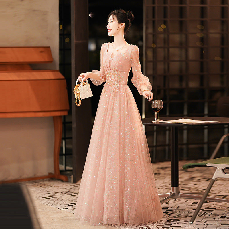 Pink evening dress women's 2025 new banquet temperament socialite  evening dress host dignified atmospheric dress