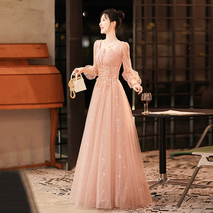 Pink evening dress women's 2025 new banquet temperament socialite  evening dress host dignified atmospheric dress