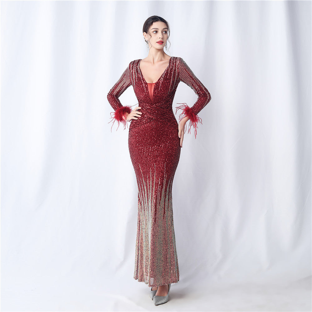 31571 #Popular trade new popular craft order ostrich hair gradual change beads long sleeve evening dress