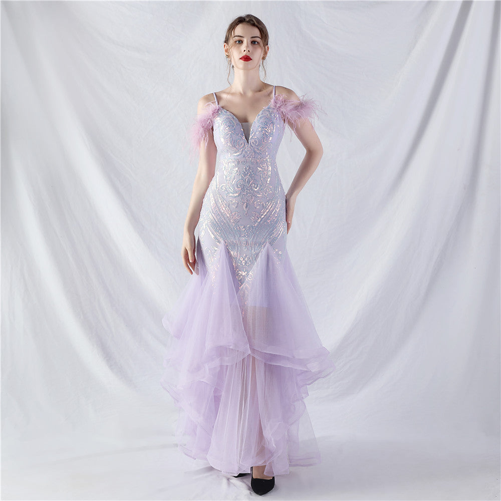 31983 #New craft order ostrich hair hard mesh positioning flower beads splicing mesh yarn dance performance dress skirt
