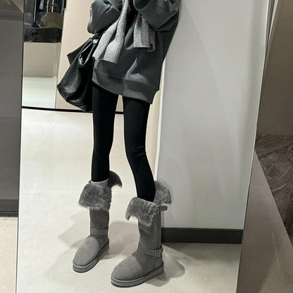 2025  Gray snow boots women's popular new retro two-wear medium tube velvet but knee knight boots