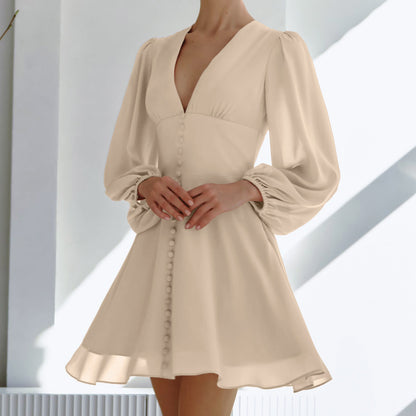 2025 chiffon V-neck waist atmosphere commuter dress popular  autumn fashion New new short skirt