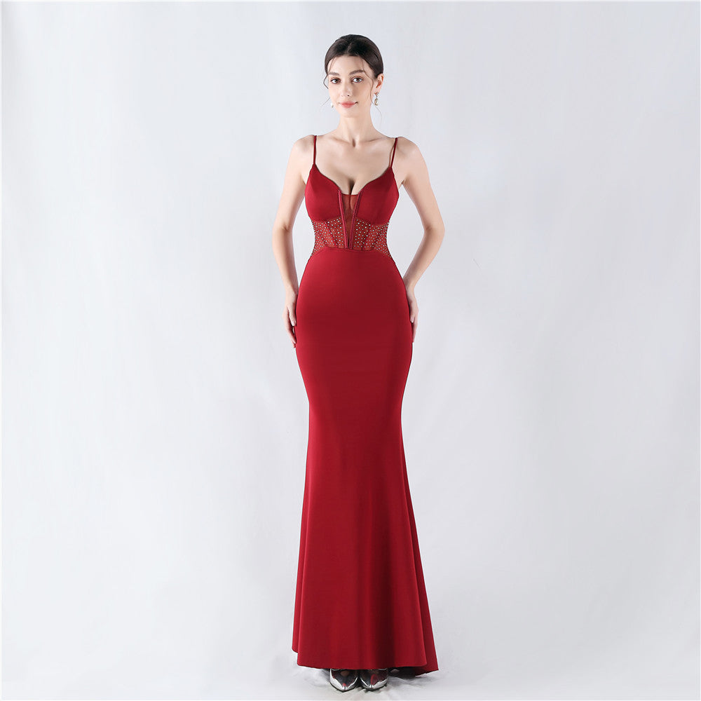 31916 #Hot trade new heavy industry fishbone vest shaping mesh yarn hot diamond sling hip fish tail evening dress
