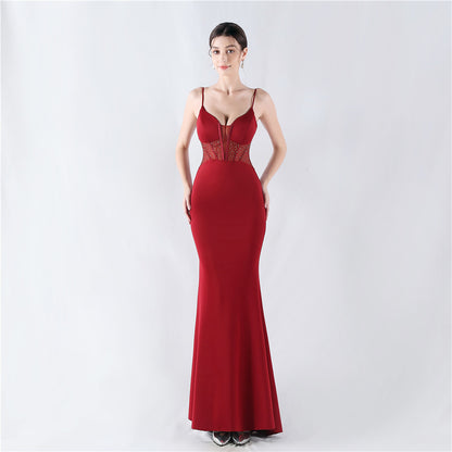 31916 #Hot trade new heavy industry fishbone vest shaping mesh yarn hot diamond sling hip fish tail evening dress