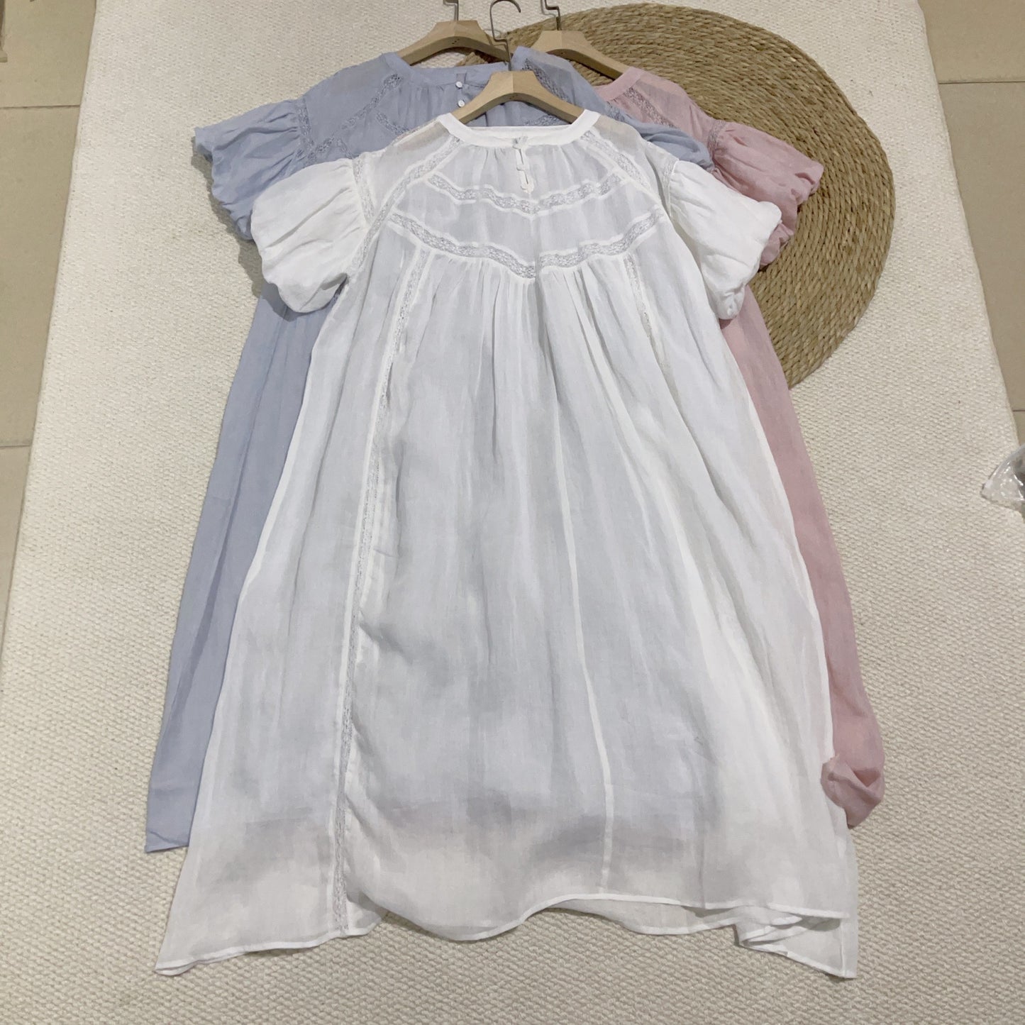 Shallow Spring Dress Smart Girl Romantic Fairy Lace Bubble Short Sleeve Dress Crew Neck Girl