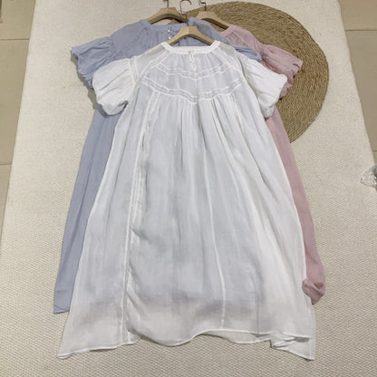 Shallow Spring Dress Smart Girl Romantic Fairy Lace Bubble Short Sleeve Dress Crew Neck Girl