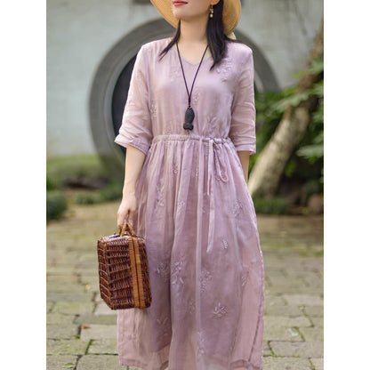 Temperament embroidery v-neck waist thin dress  summer new high-end embroidery lace-up dress women