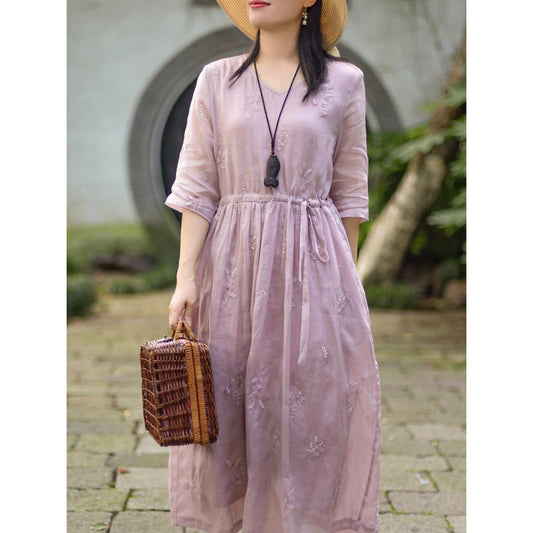 Temperament embroidery v-neck waist thin dress  summer new high-end embroidery lace-up dress women