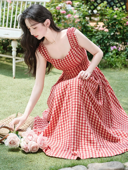 retro red plaid dress women's summer new design sense niche waist and thin sleeveless vest skirt