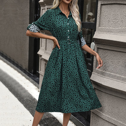 LOVEVOP 2025 cross-border new dress lapel button temperament dress polka dot long dress high waist women's dress with belt